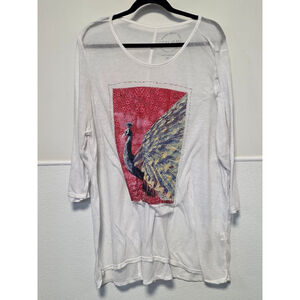 Women's Lucky Brand White Red Peacock Print Sheer Short‎ Sleeve Tee Plus Size 3X